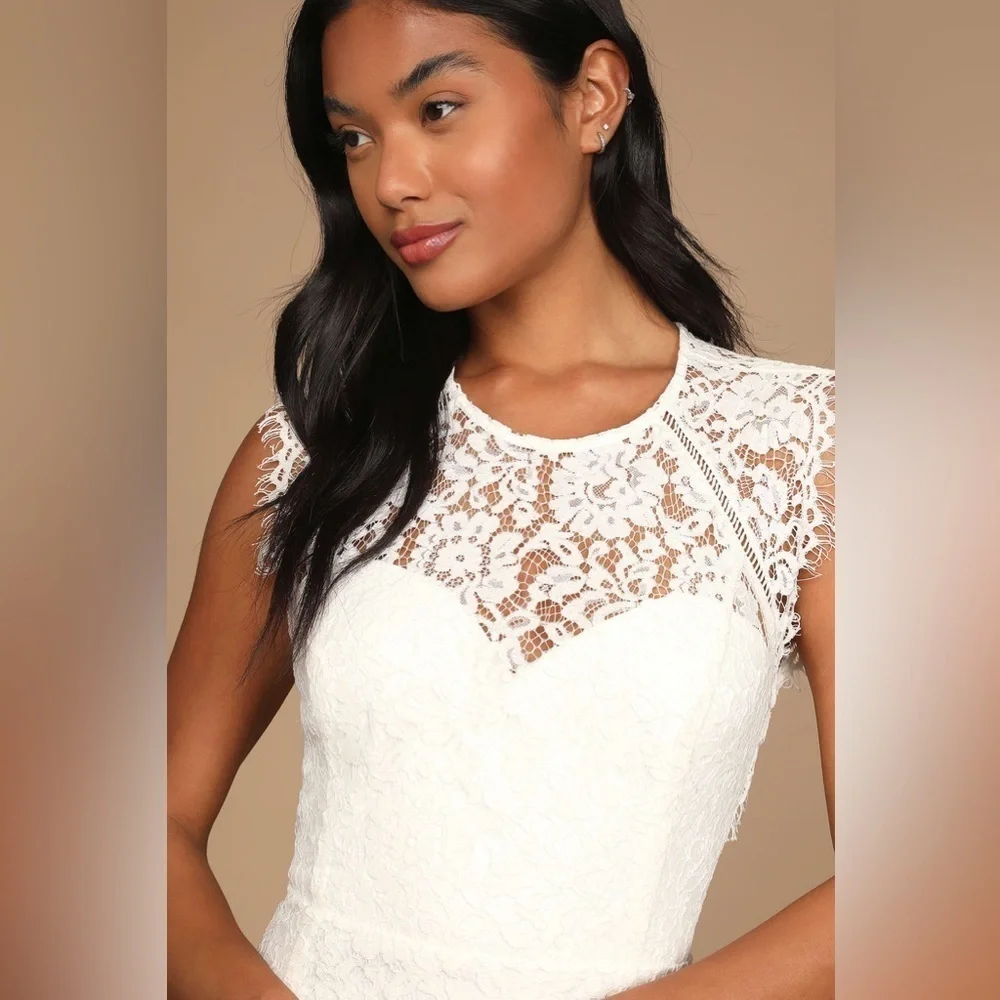 Lulu’s Truly Elegant White Eyelash Lace Backless Bodycon Mini Dress size medium